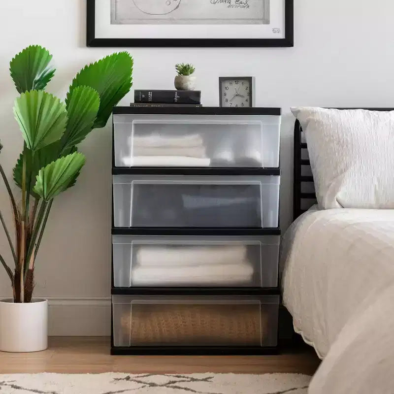 IRIS 4 Drawer Wide Plastic Storage Drawer Chest Black