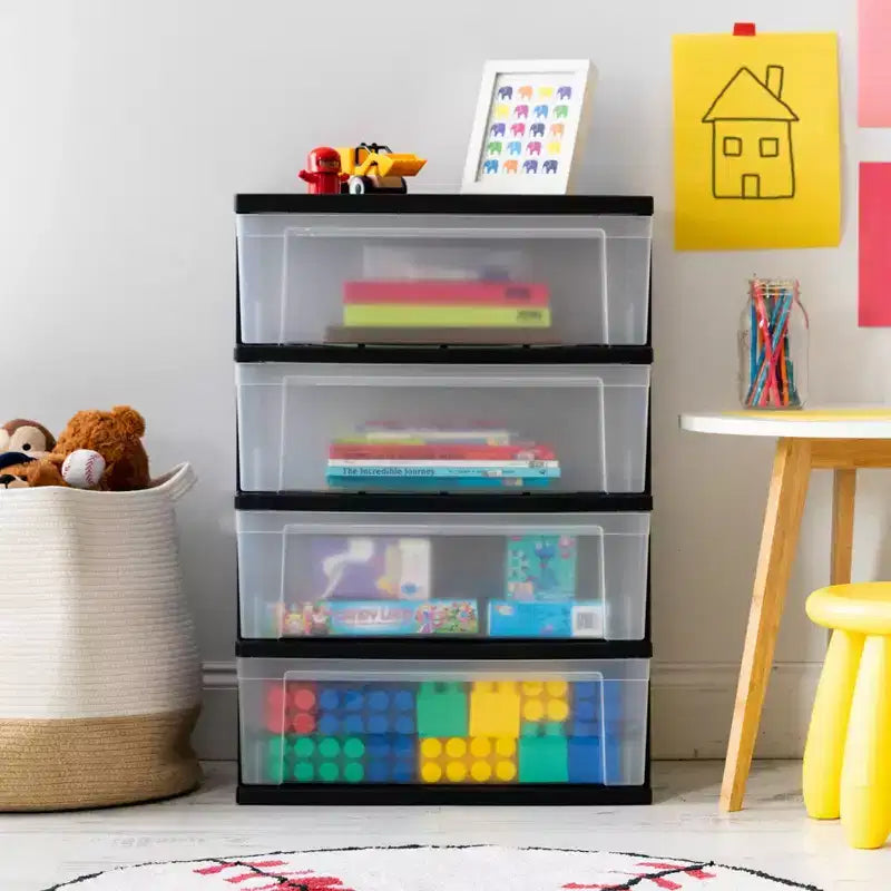 IRIS 4 Drawer Wide Plastic Storage Drawer Chest Black