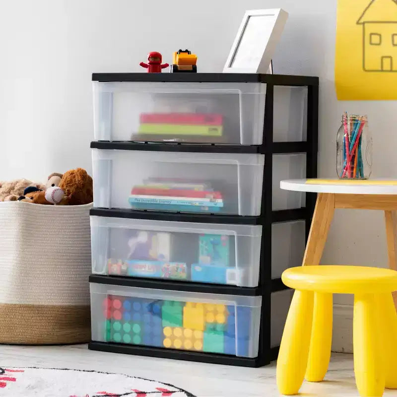 IRIS 4 Drawer Wide Plastic Storage Drawer Chest Black