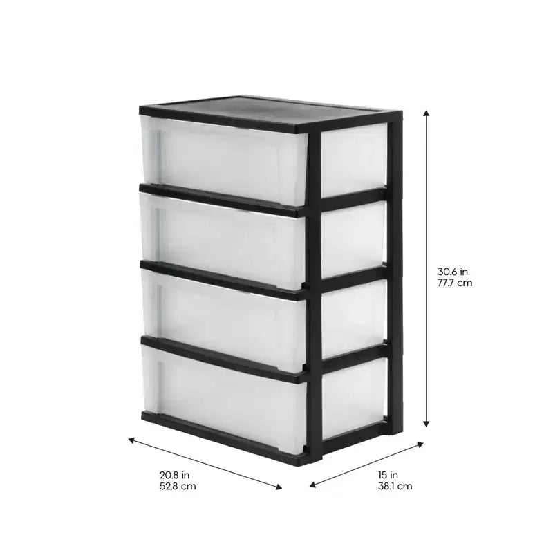 IRIS 4 Drawer Wide Plastic Storage Drawer Chest Black