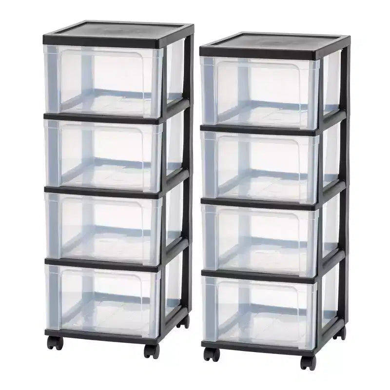 IRIS 4 Drawer Narrow Plastic Storage Drawer Cart Black 2pc