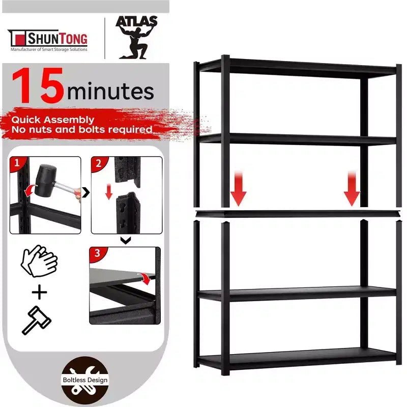 Shuntong 48"x18"x72" Metal Shelving 5-Tier with Concealed Post Laminated Boards Black Textured Finish