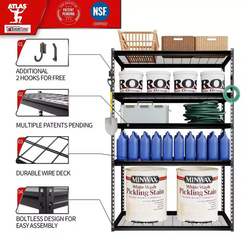 Scaffalatura in acciaio bulloni Atlas a 5 ripiani 48"x24"x72", carico 4000 libbre con pianale in rete metallica grigio scuro