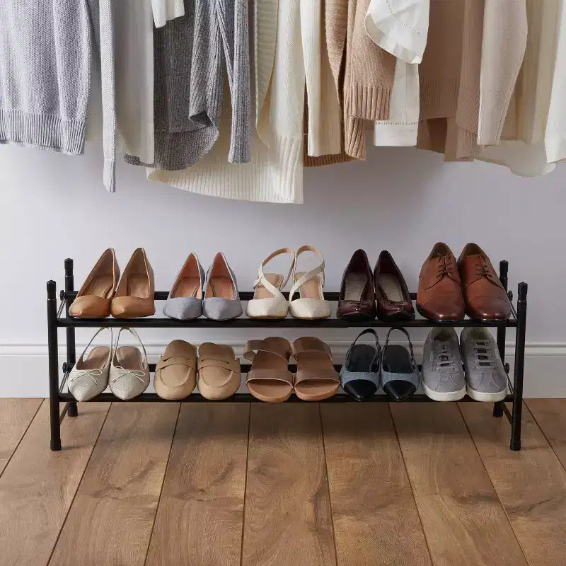 Organize It All 2 Tier Expandable, Stackable and Adjustable Shoe Rack Organizer Black: Iron Frame, Holds 12 Pairs, 46" Width