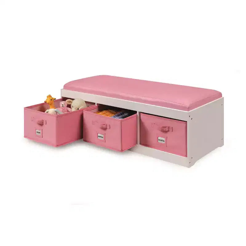 Badger Basket Kids' Storage Bench with Cushion and Three Bins White with Pink
