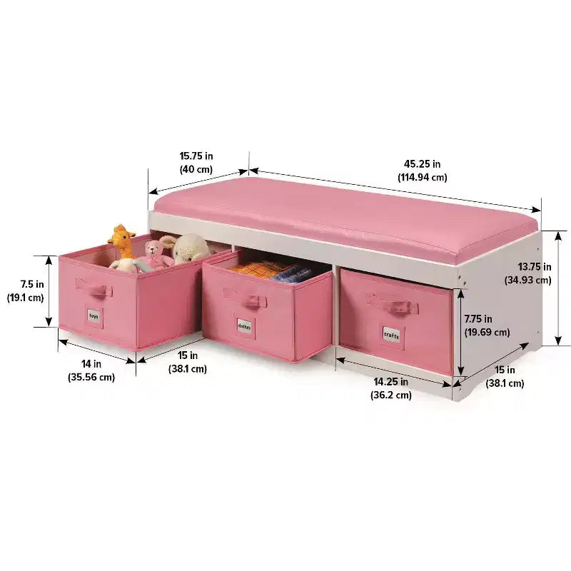 Badger Basket Kids' Storage Bench with Cushion and Three Bins White with Pink