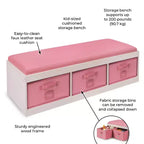 Badger Basket Kids' Storage Bench with Cushion and Three Bins White with Pink