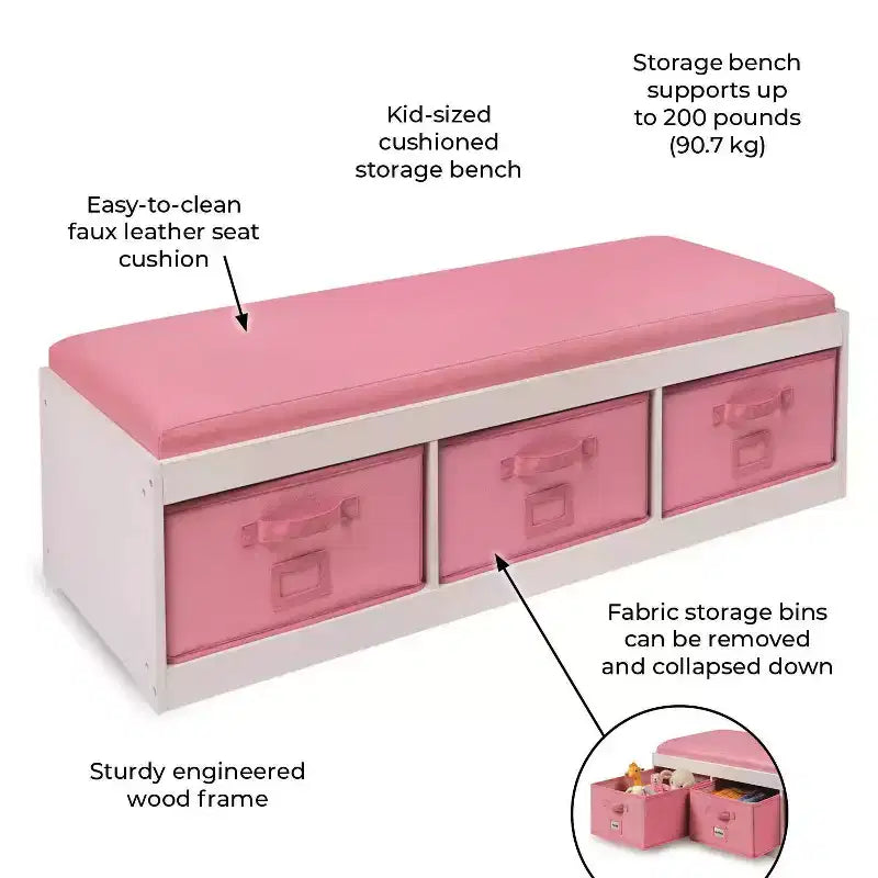 Badger Basket Kids' Storage Bench with Cushion and Three Bins White with Pink
