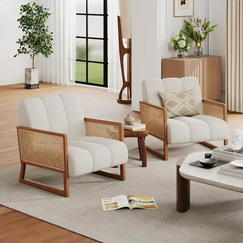 Poltroncine in Rattan, Sedia in Rattan Naturale Imbottita Poltrona in Lino Mid-Century Modern Side Chair per Soggiorno Camera da Letto