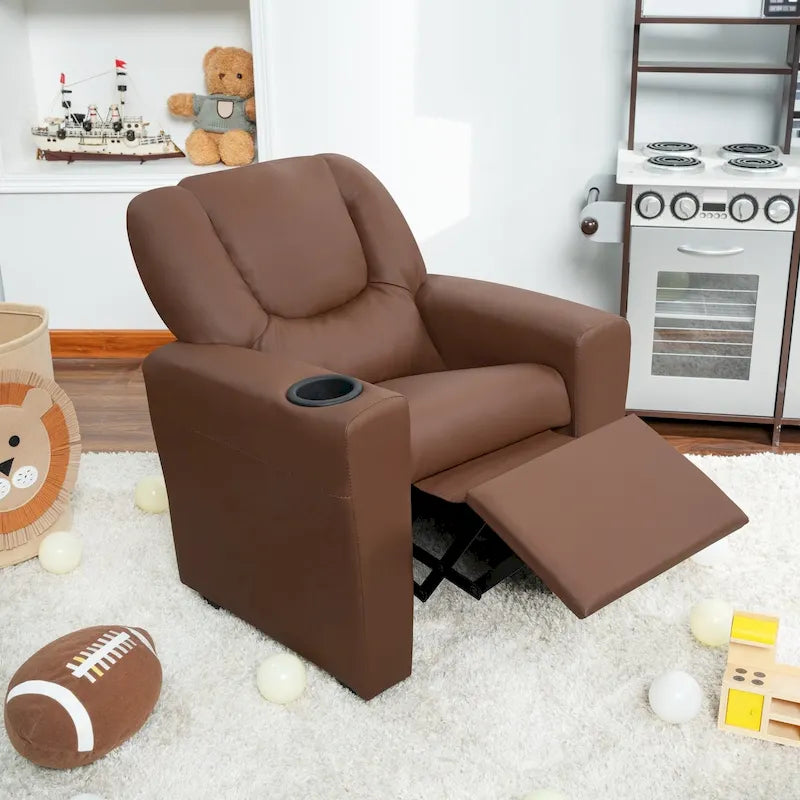 Poltrona Reclinabile per Bambini in PVC con Funzione Reclinabile a Spinta, Portabicchieri e Comodo Poggiapiedi