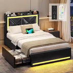 Struttura letto con luci LED per testiera e stazione di ricarica USB-C/A, 4 cassetti