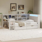 L-shaped Wooden Sofa Daybed with Desk, Bookcase Cabinet, Corner Bed with Under-bed Drawers, Upholstered Headboard Built-in Light