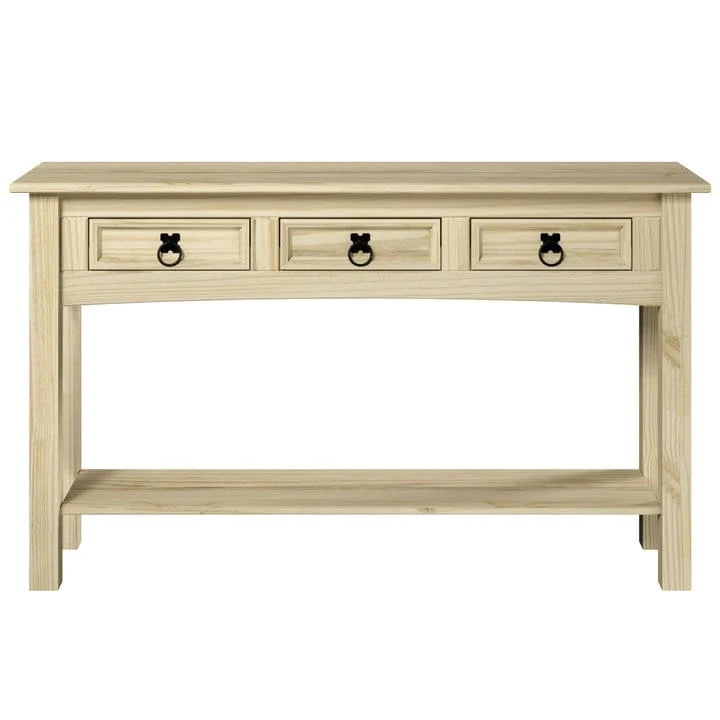 Tavolo Consolle Rustico in Pino Massiccio per Ingresso, Bianco Decapato / Marrone Antico / Grigio Decapato / Non Verniciato, 3 Cassetti