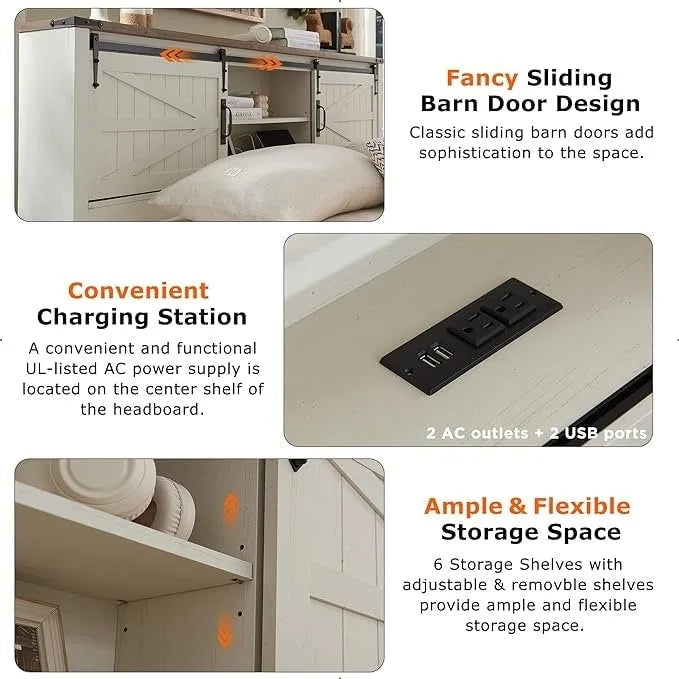 Struttura Letto Matrimoniale Queen Size Stile Rustico con Ripiani Contenitori e Stazione di Ricarica
