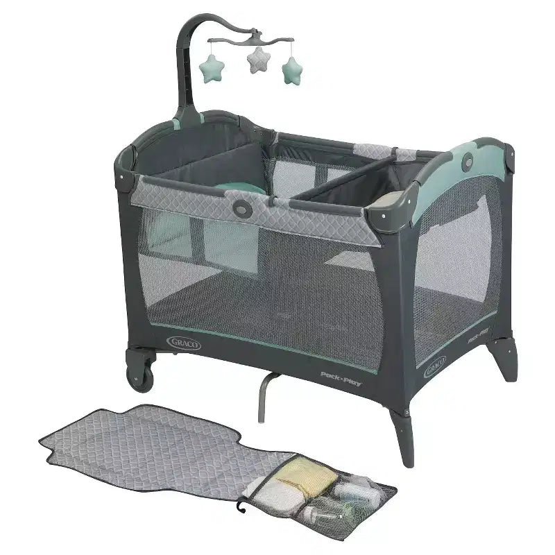 Graco Pack 'n Play Change 'n Carry Playard - Manor: Locking Wheels, Changing Table, Baby Mobile, Carrying Bag