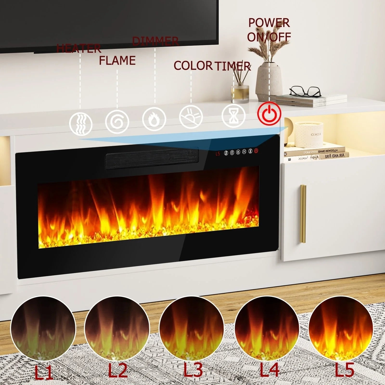 Mobile TV Bossin 70" con caminetto elettrico 36", Mobile TV per televisori fino a 80", 16 colori LED/Centro di intrattenimento