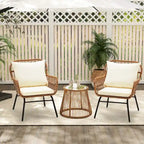 Set da Bistrot da Esterno in Rattan da 3 Pezzi, Set di Mobili da Giardino con Tavolo in Vetro e 2 Ampie Poltrone, Cuscini Inclusi
