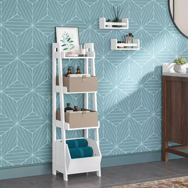 RiverRidge Amery 4-Tier 13" Ladder and Display Shelves with Storage Organizer Bin White
