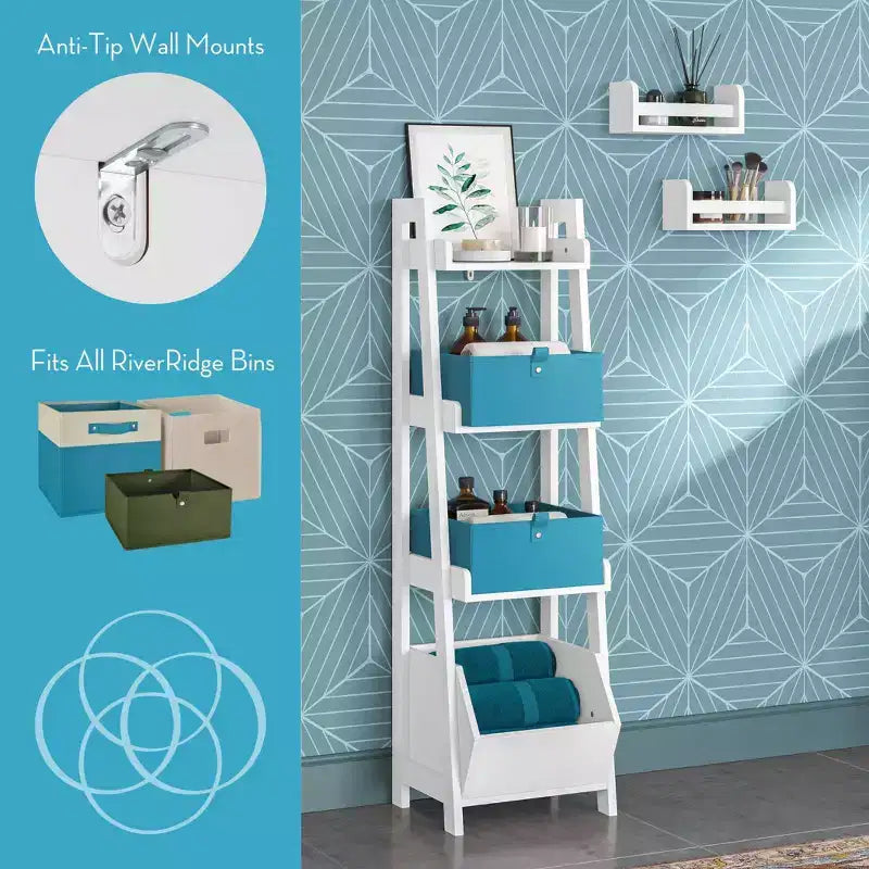 RiverRidge Amery 4-Tier 13" Ladder and Display Shelves with Storage Organizer Bin White