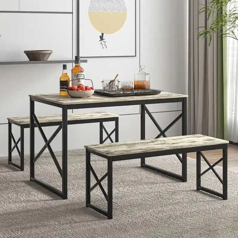 VECELO Tavolo da Pranzo 3 Pezzi con Panca, Set Tavolo da Pranzo per 4-6 Posti, Tavolo da Cucina con 2 Panche, Set Tavolo da Pranzo