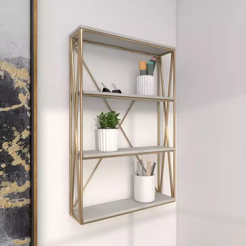 Olivia & May 24"x16" Wooden 4 Shelves Wall Gold : Polished MDF, No Assembly, Luxury Glam Decor Style