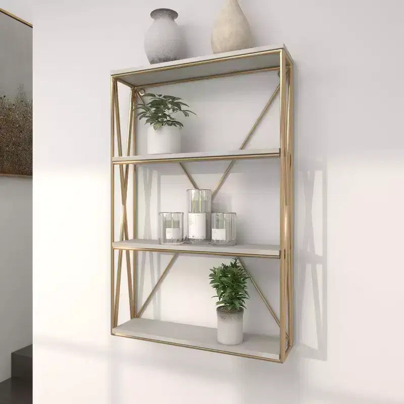 Olivia & May 24"x16" Wooden 4 Shelves Wall Gold : Polished MDF, No Assembly, Luxury Glam Decor Style