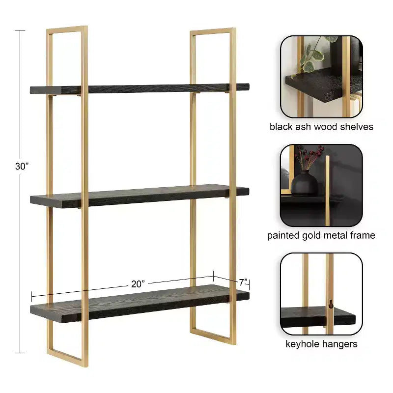 Kate & Laurel All Things Decor 20"x30" Leigh Wood and Metal Wall Shelf Black: Luxury Glam Style, 3-Tier Hanging Storage