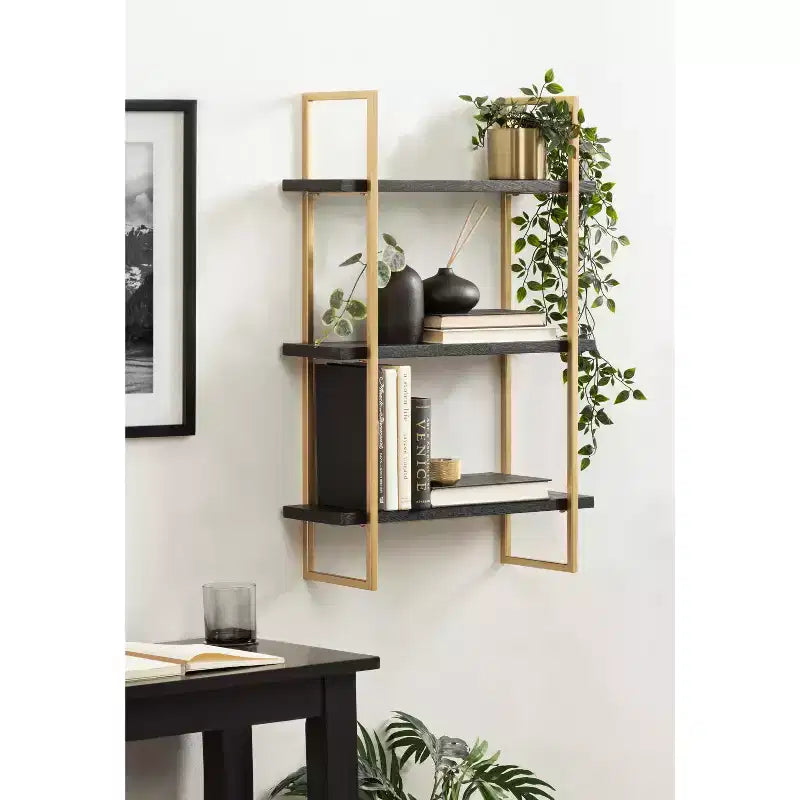 Kate & Laurel All Things Decor 20"x30" Leigh Wood and Metal Wall Shelf Black: Luxury Glam Style, 3-Tier Hanging Storage