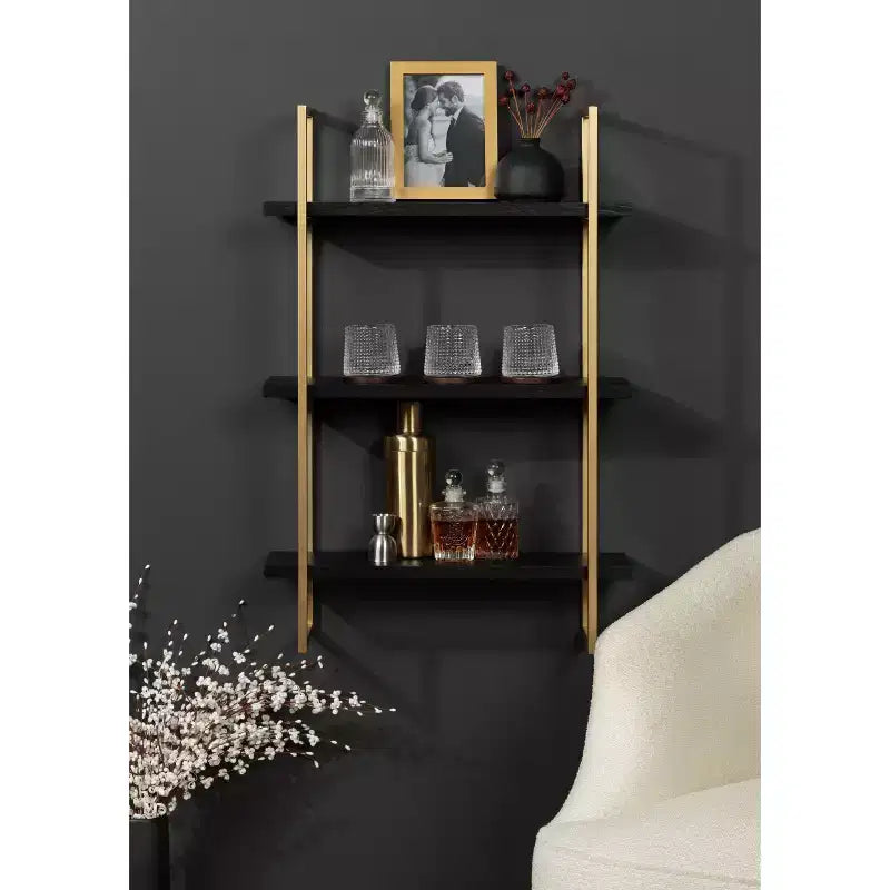 Kate & Laurel All Things Decor 20"x30" Leigh Wood and Metal Wall Shelf Black: Luxury Glam Style, 3-Tier Hanging Storage