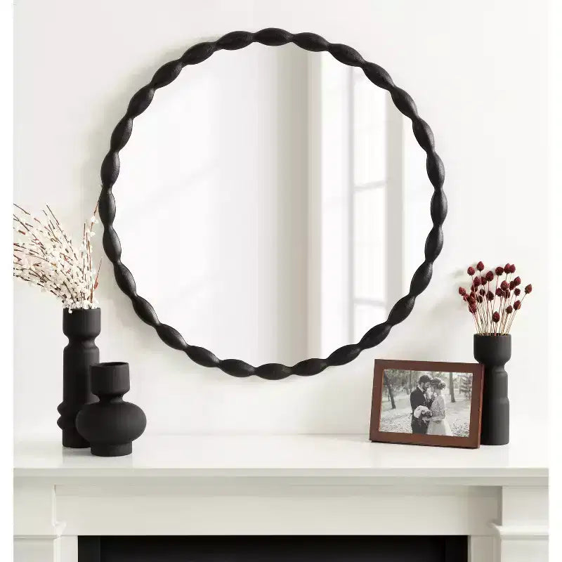 Kate & Laurel All Things Decor 26" Perlina Modern Scalloped Round Mirror Black: Includes Mounting Hardware, No Assembly Required
