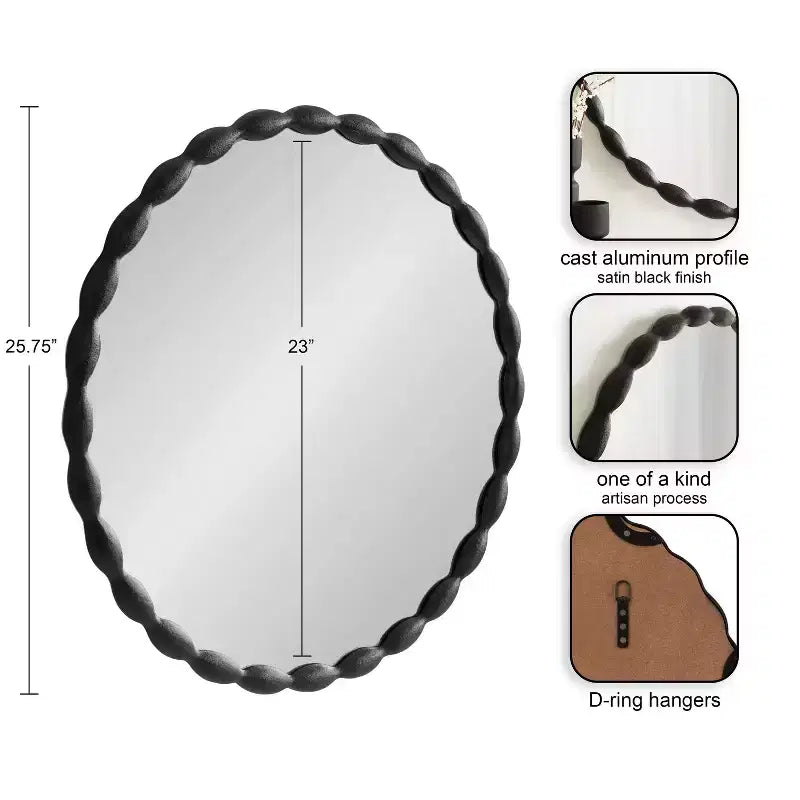Kate & Laurel All Things Decor Specchio rotondo smerlato moderno Perlina da 26" nero: include l'hardware di montaggio, nessun assemblaggio richiesto