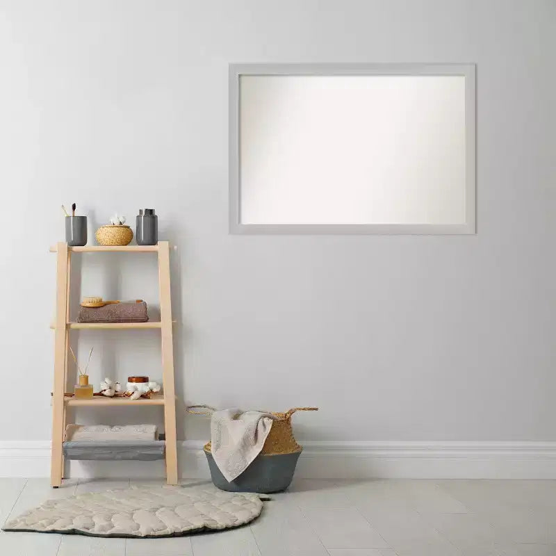 39" x 27" Non-Beveled Low Luster Wood Bathroom Wall Mirror Silver - Amanti Art: Modern Rectangle, Wall Mount, Includes Hardware