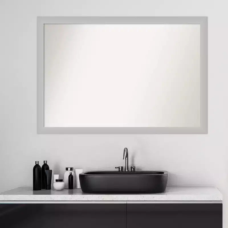 39" x 27" Non-Beveled Low Luster Wood Bathroom Wall Mirror Silver - Amanti Art: Modern Rectangle, Wall Mount, Includes Hardware