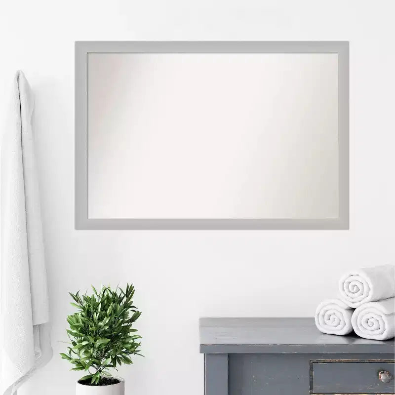 39" x 27" Non-Beveled Low Luster Wood Bathroom Wall Mirror Silver - Amanti Art: Modern Rectangle, Wall Mount, Includes Hardware