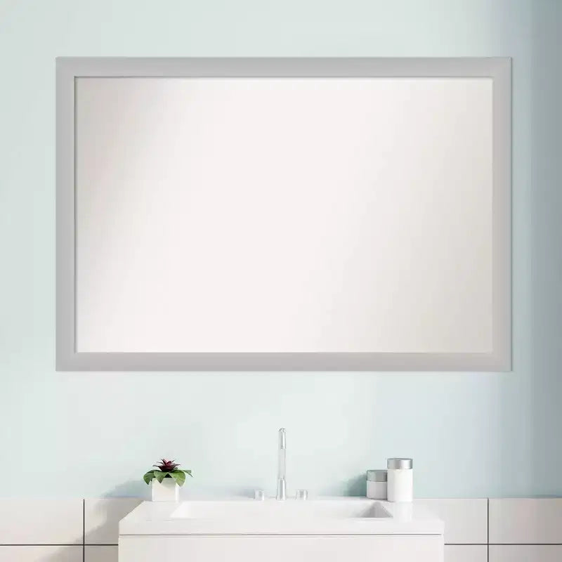 39" x 27" Non-Beveled Low Luster Wood Bathroom Wall Mirror Silver - Amanti Art: Modern Rectangle, Wall Mount, Includes Hardware