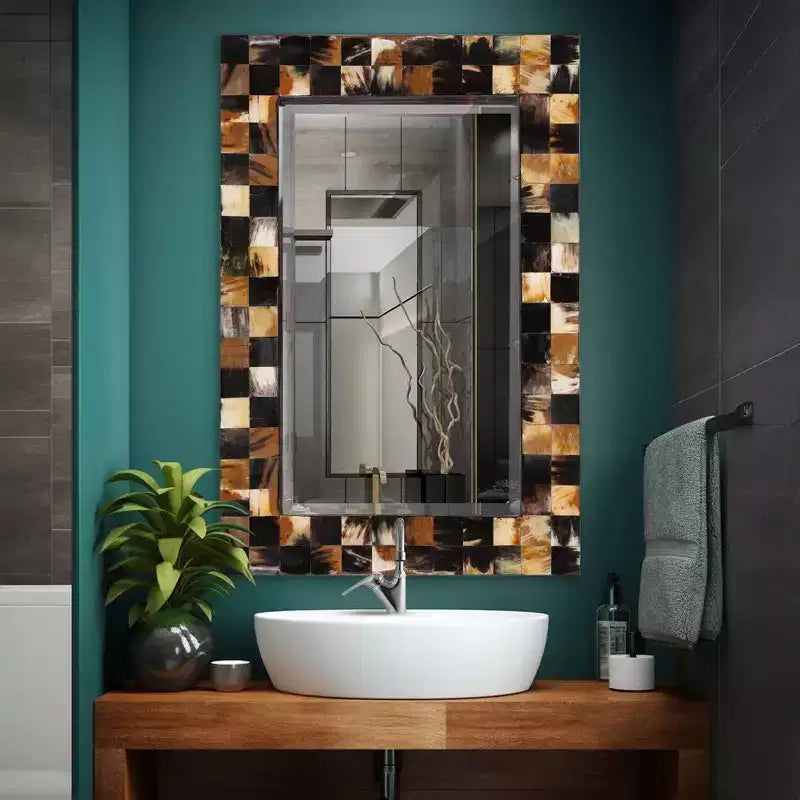 Howard Elliott 24" Elias Rectangular Beveled Wall Mirror White and Tan Tiled Horn Frame
