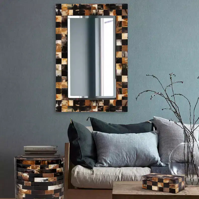 Howard Elliott 24" Elias Rectangular Beveled Wall Mirror White and Tan Tiled Horn Frame