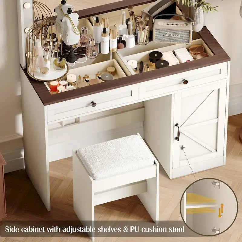Roomfitters Toilette da Trucco Rustica con Luci, Scrivania con Specchio Illuminato e Anta a Scorrimento, Tavolo da Trucco con 2 Cassetti