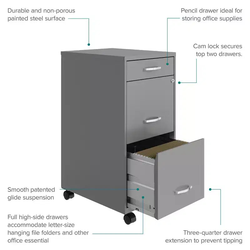 Space Solutions 18" Deep 3 Drawer Mobile Letter Width Vertical File Cabinet Arctic Silver