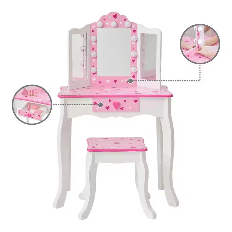 Toeletta per bambini Little Princess Gisele Sweethearts con luci a LED bianca/rosa - Fantasy Fields by Teamson Kids: set toeletta per bambine, tavolino per bambini