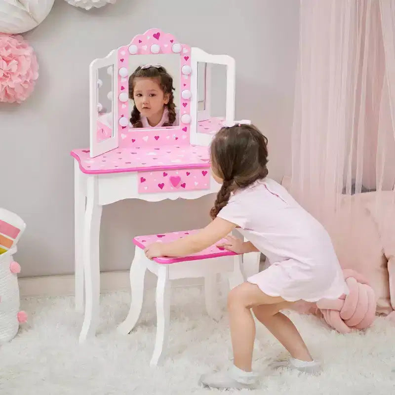 Toeletta per bambini Little Princess Gisele Sweethearts con luci a LED bianca/rosa - Fantasy Fields by Teamson Kids: set toeletta per bambine, tavolino per bambini