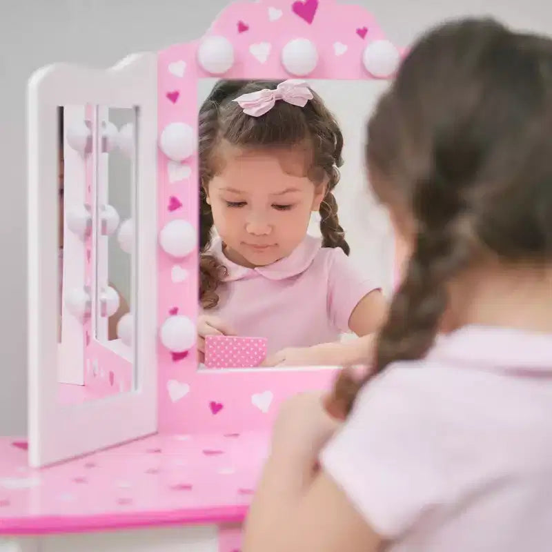 Toeletta per bambini Little Princess Gisele Sweethearts con luci a LED bianca/rosa - Fantasy Fields by Teamson Kids: set toeletta per bambine, tavolino per bambini