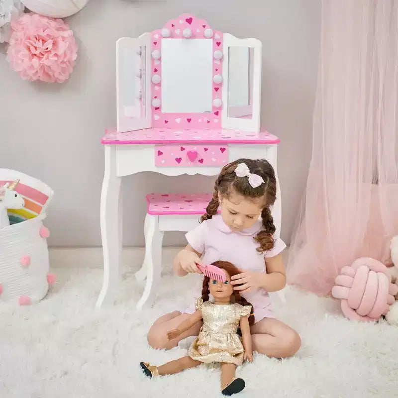 Toeletta per bambini Little Princess Gisele Sweethearts con luci a LED bianca/rosa - Fantasy Fields by Teamson Kids: set toeletta per bambine, tavolino per bambini