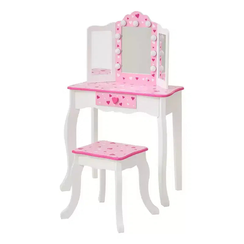 Toeletta per bambini Little Princess Gisele Sweethearts con luci a LED bianca/rosa - Fantasy Fields by Teamson Kids: set toeletta per bambine, tavolino per bambini