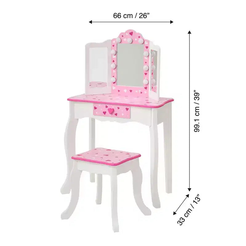 Toeletta per bambini Little Princess Gisele Sweethearts con luci a LED bianca/rosa - Fantasy Fields by Teamson Kids: set toeletta per bambine, tavolino per bambini