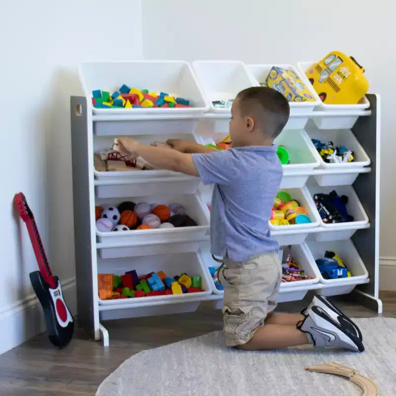 Soho Kids' Toy Storage Organizer with 16 Storage Bins Gray/White - Humble Crew: MDF Bin Shelves, 4 Shelves, Anti-Tip Hardware