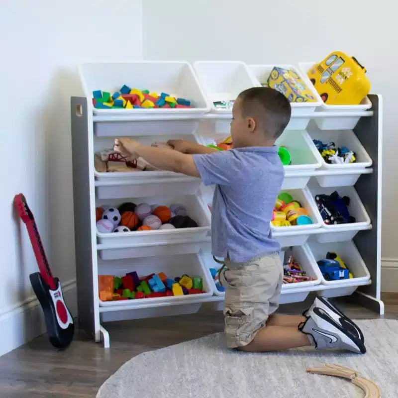 Soho Kids' Toy Storage Organizer with 16 Storage Bins Gray/White - Humble Crew: MDF Bin Shelves, 4 Shelves, Anti-Tip Hardware
