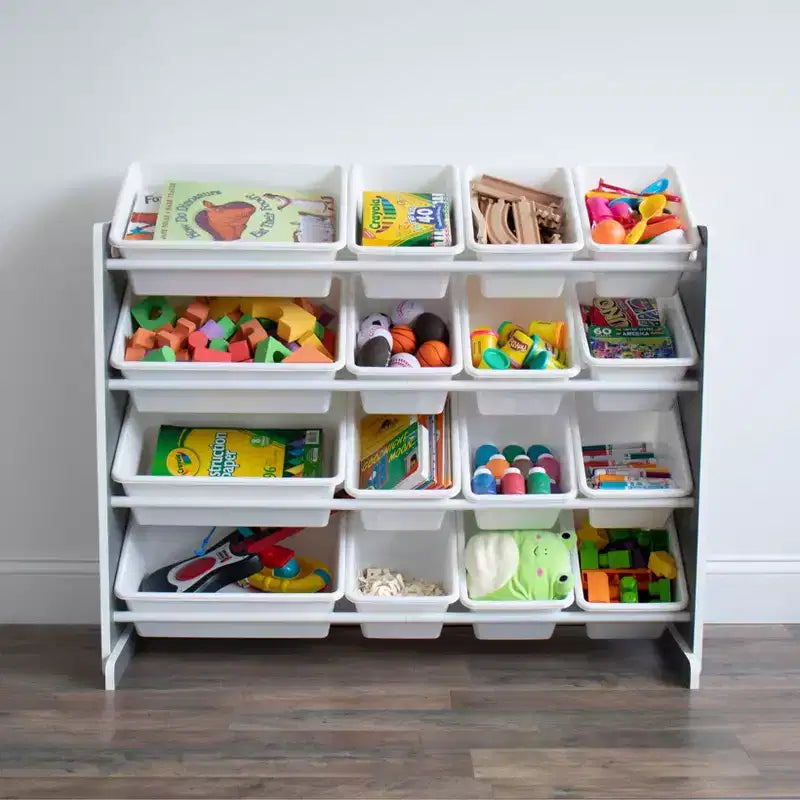 Soho Kids' Toy Storage Organizer with 16 Storage Bins Gray/White - Humble Crew: MDF Bin Shelves, 4 Shelves, Anti-Tip Hardware
