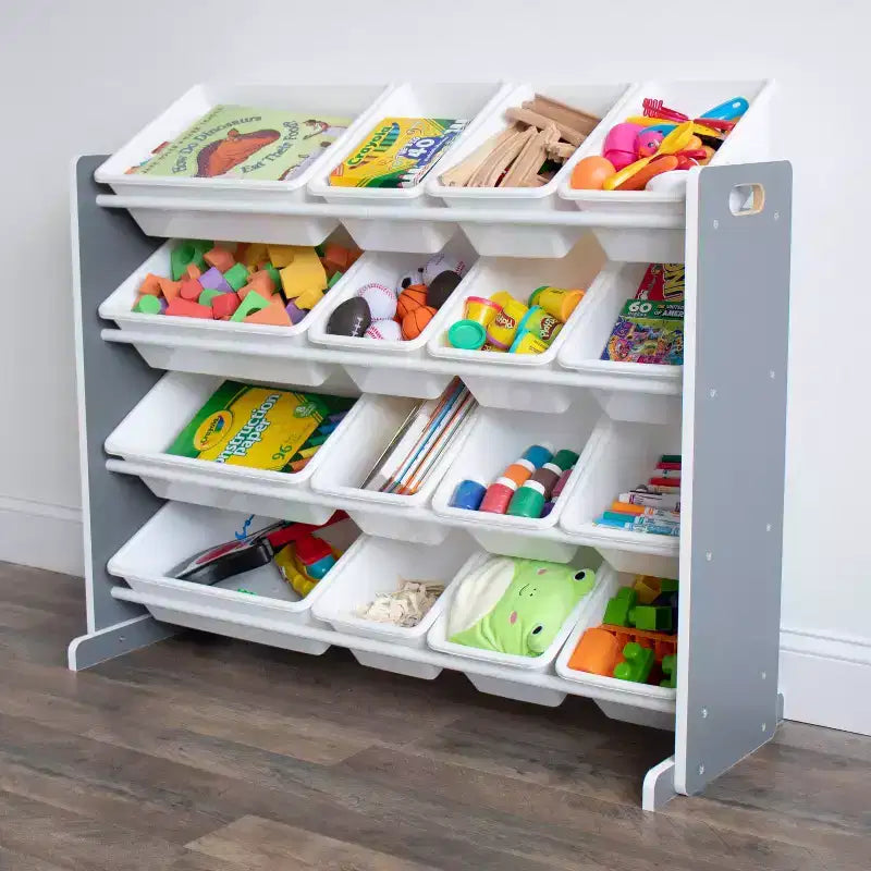 Soho Kids' Toy Storage Organizer with 16 Storage Bins Gray/White - Humble Crew: MDF Bin Shelves, 4 Shelves, Anti-Tip Hardware