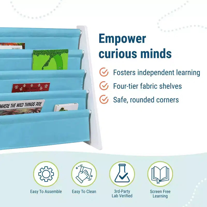 WildKin Premium Sling Kids' Book Shelf White/Aqua: 4-Tier MDF Novelty Bookshelf for Kids' Storage, Ages 3+